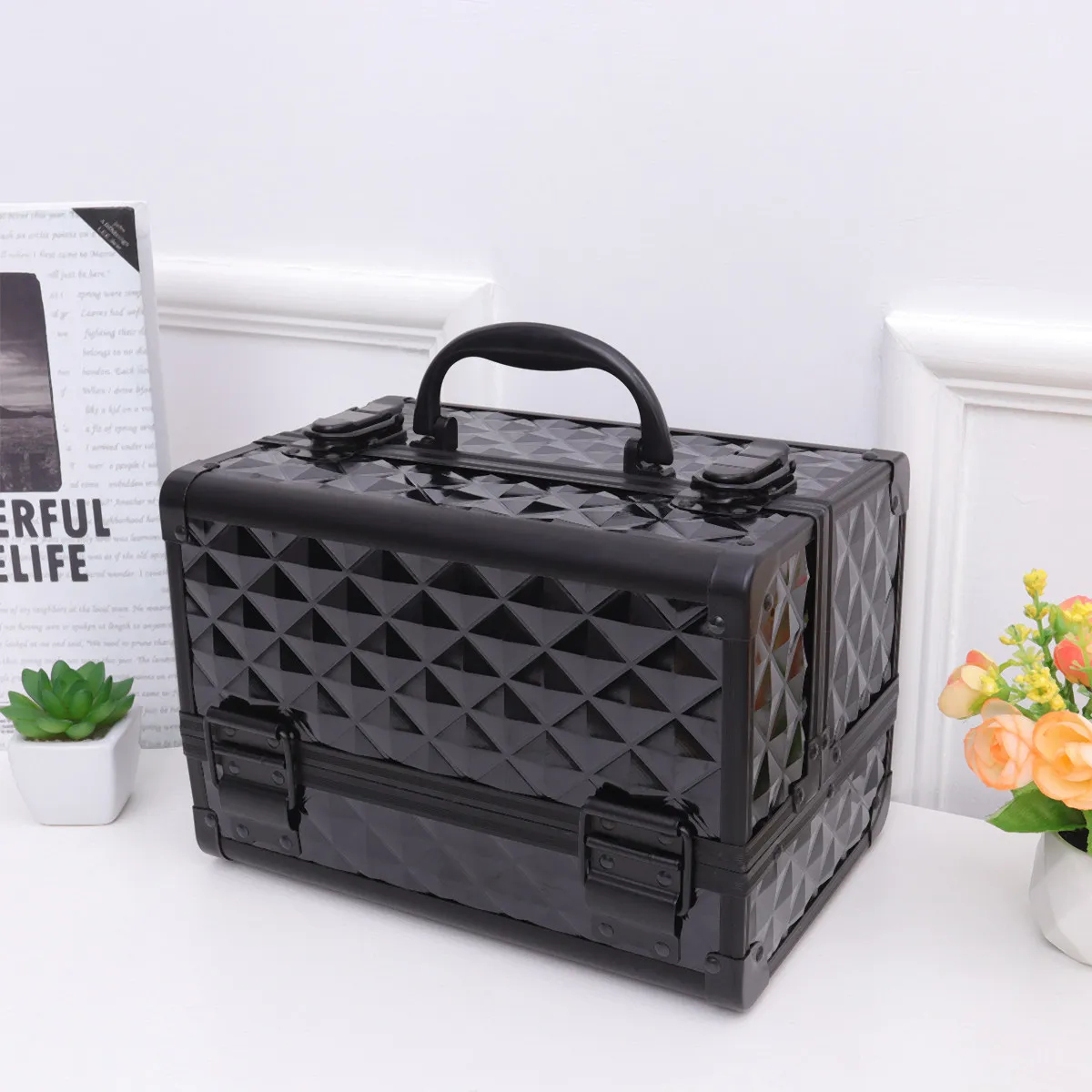 Large Capacity Metal Box Two Layer Makeup Organizer with Stylish Carry Handle Dust Proof Spill Proof for Salon