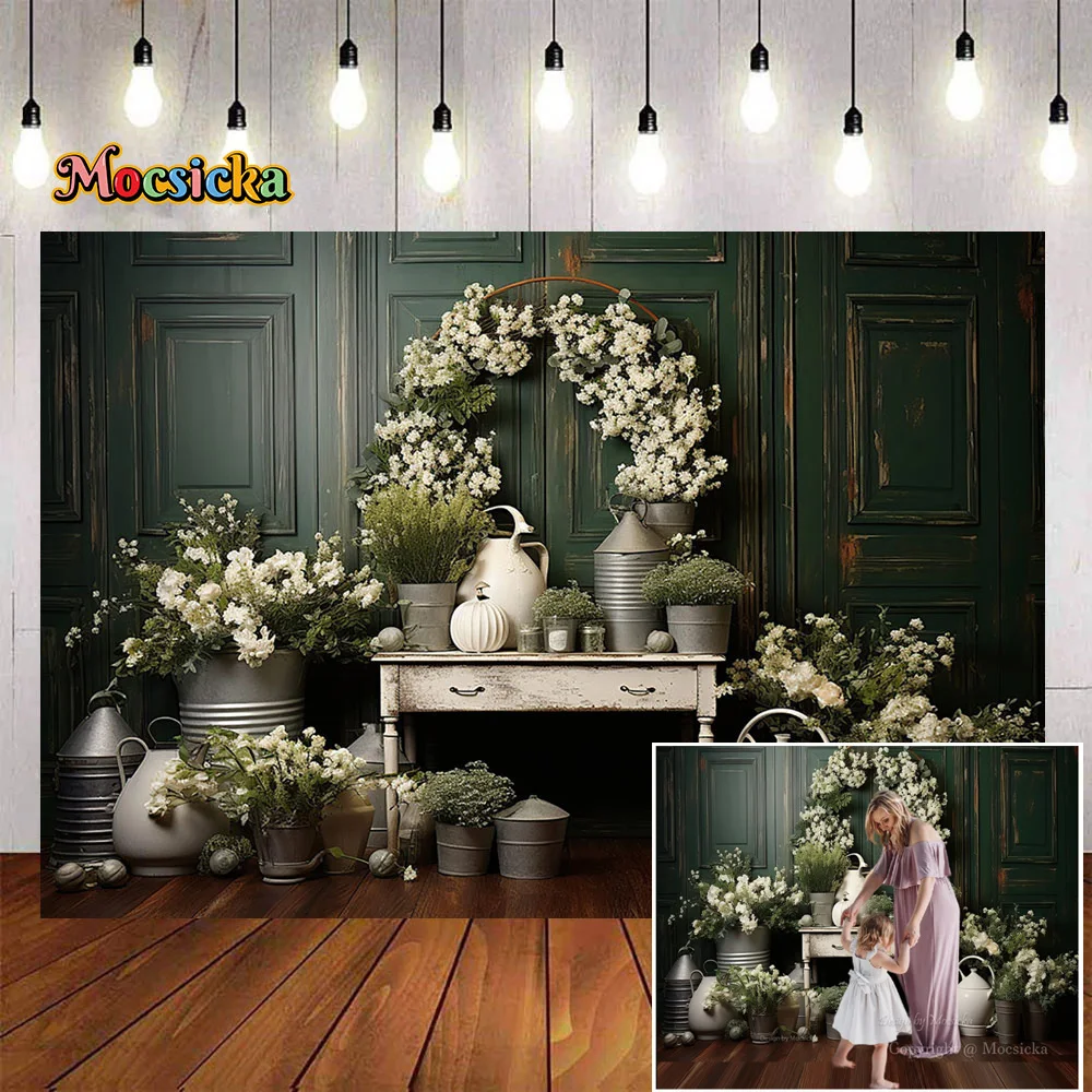 Spring Studio Photography Background Dark Green Retro Door Wall Decor Potted Backdrop Flowers Indoor Baby Cake Smash Photobooth