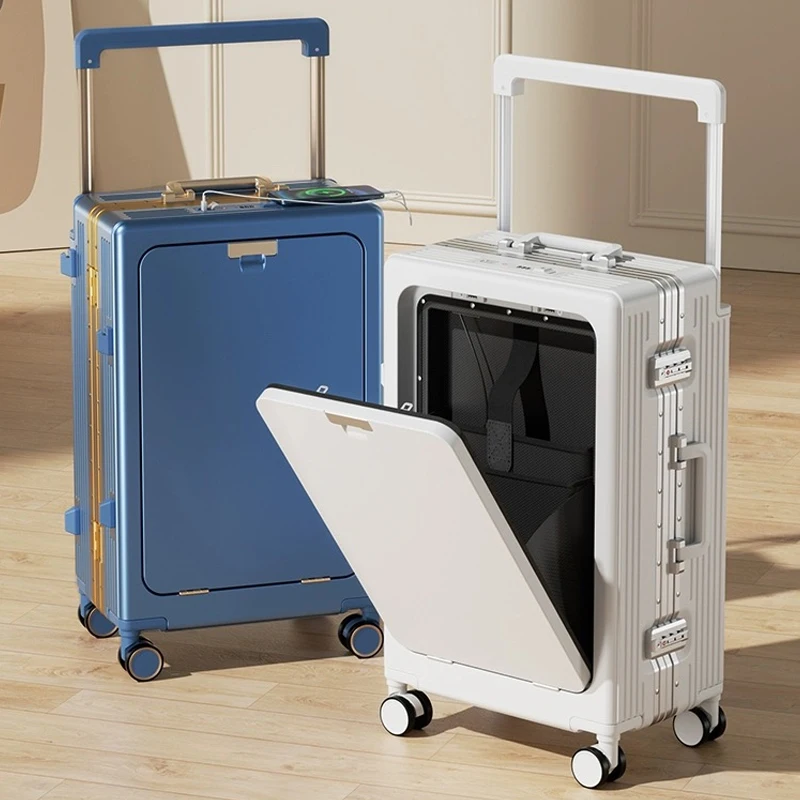 Valise de voyage rétro avec large tige de traction pour ordinateur portable, boîte d'embarquement à roulettes, bagages à roulettes ouverts sur le devant, marque Spinner, 20 po, 24 po, 26 po, 28 po, nouveau