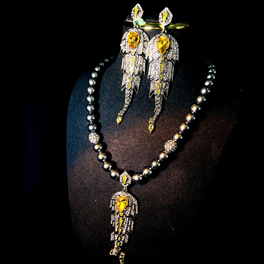 

Vintage Grey Pearl Zircon Tassel Necklace Earring Two-Piece Set High-Quality Fashion Accessories Woman Jewelry Sets New