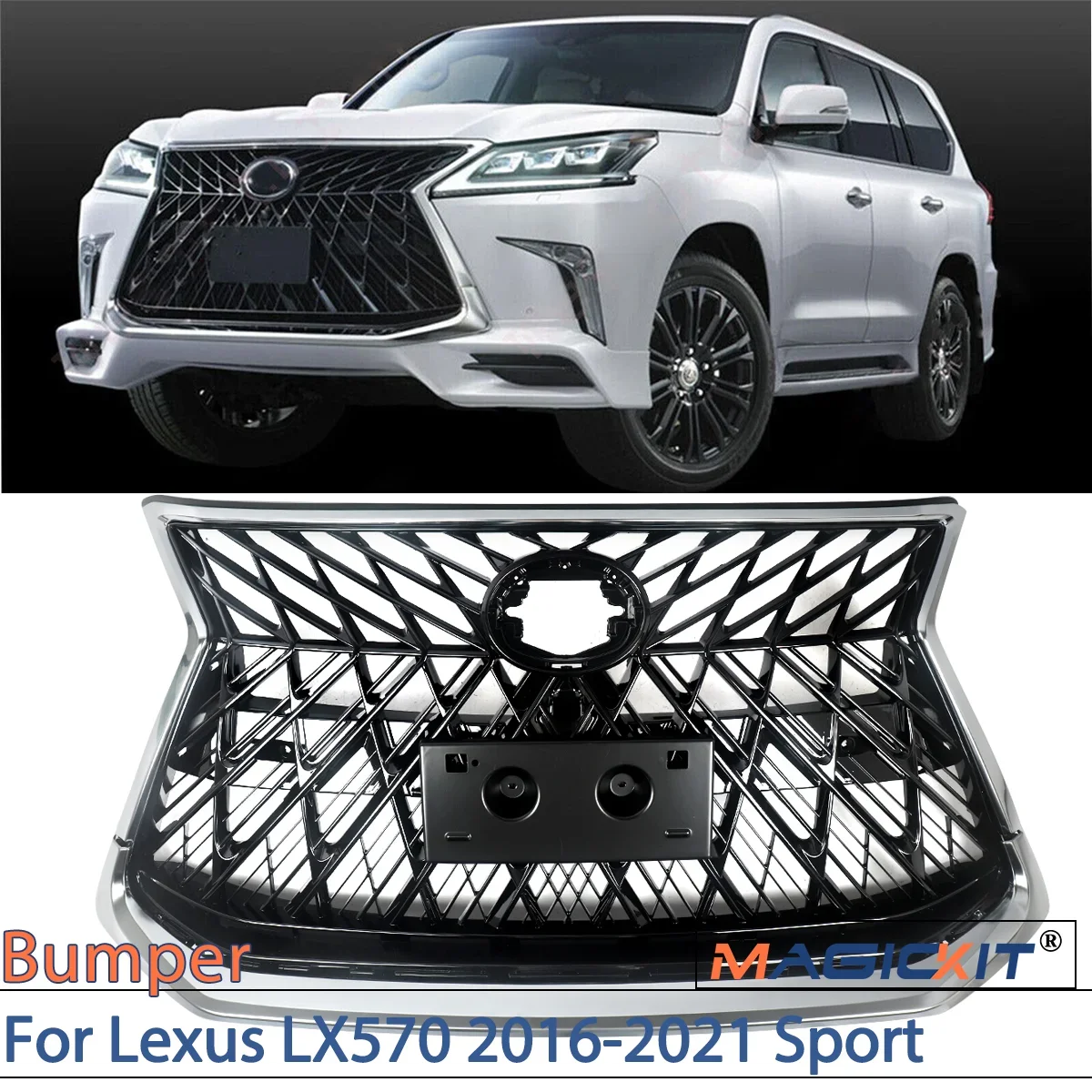 MAGICKIT For Lexus LX570 2016-2021 Sport Look Front Bumper Upper Grille Luxury Grill car accessories Chrome & Black ABS Plastic