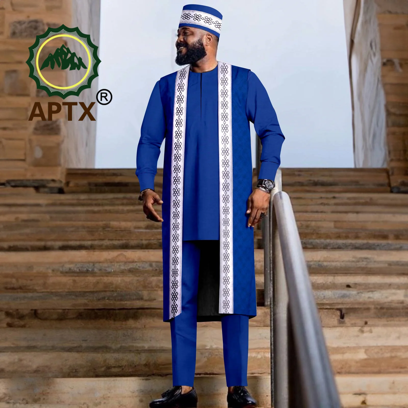 African Clothes for Men Suit Muslim abaya Shirt Pants Matching Hat 4 Pieces Set for Wedding Robe 2416028