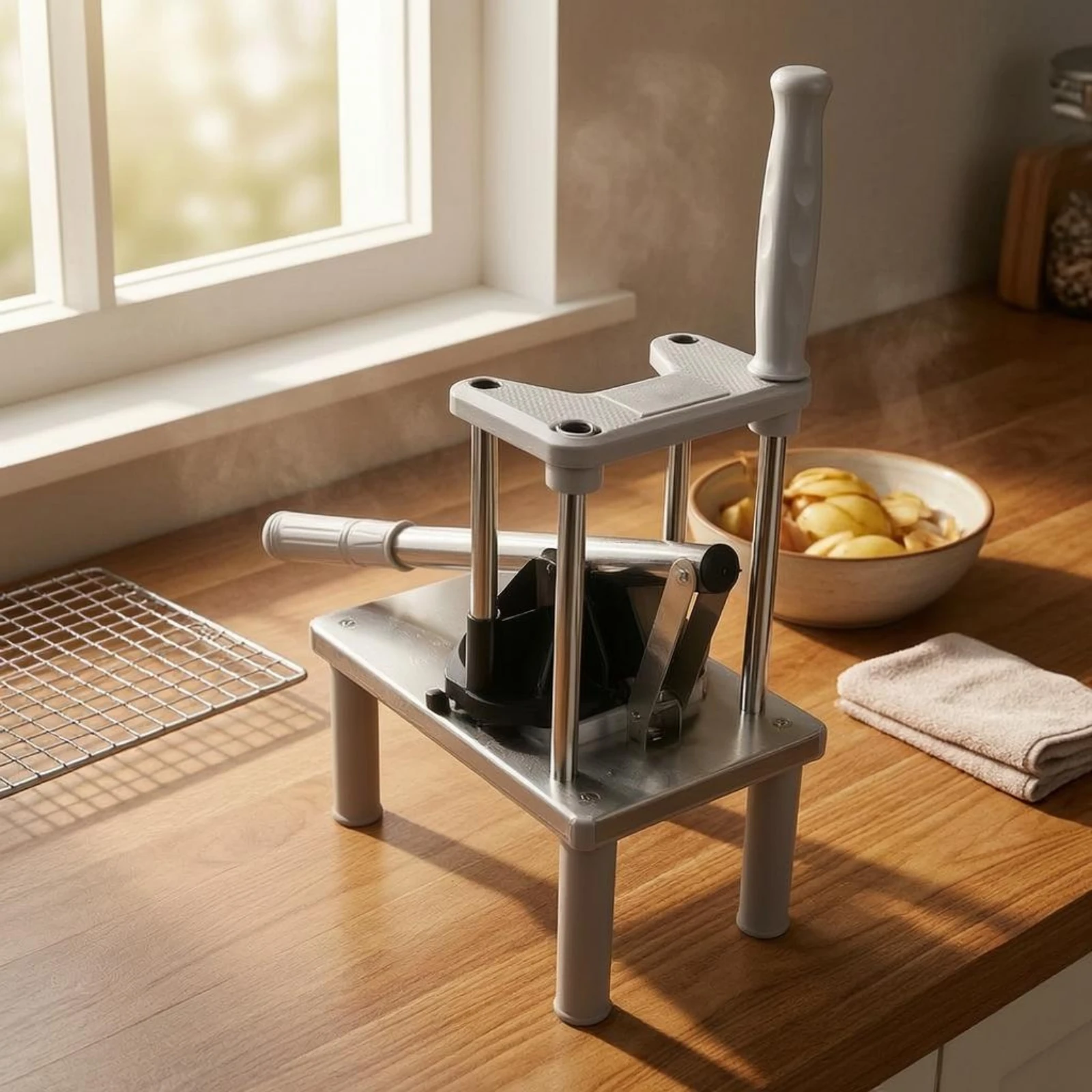 Press-Style Potato Cutter Interchangeable Blades Stainless Steel Potato Cutter Kitchen Tool Lever Mechanism Square Base