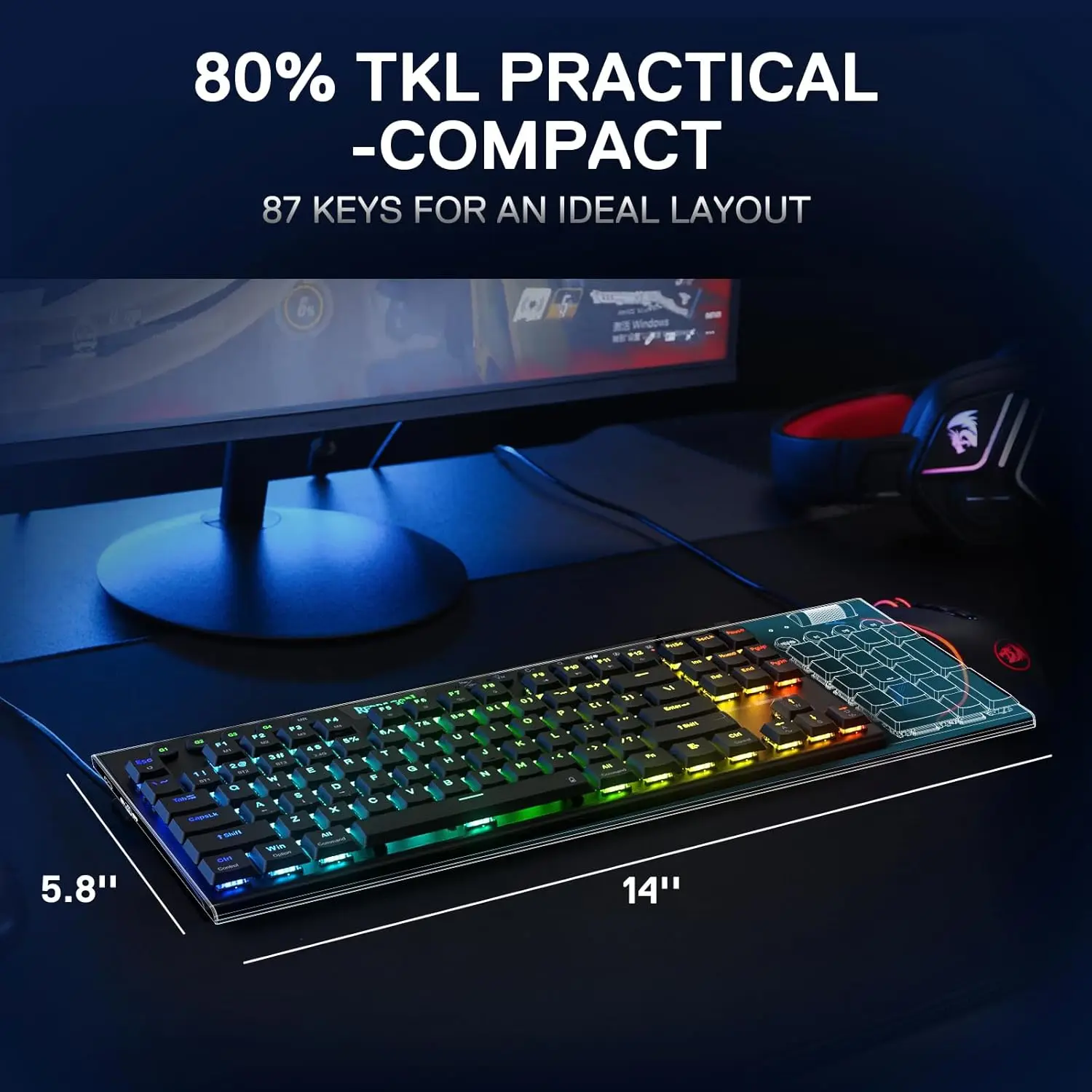 Redragon K621 Horus TKL Tastiera meccanica wireless RGB a basso profilo cablata 80% interruttori Bluetooth ultrasottili rosso/marrone/blu