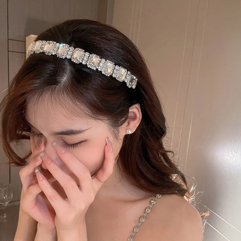 Shiny Full Rhinestone Headbands Sqaure Leaf Crystal Hairbands Headwear For Women Luxury Party Wedding Hair Accessories Jewelry