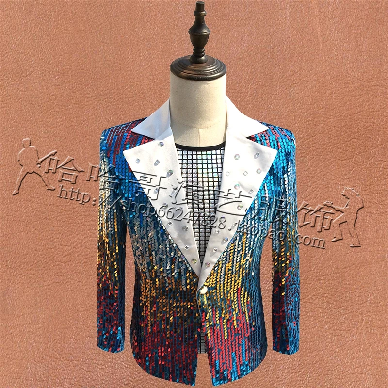 

Red Blue New Male Performance Clothing Singer Host Nightclub Party Stage Men's Sequined Blazers Homme Suit Slim Men Coat 2022