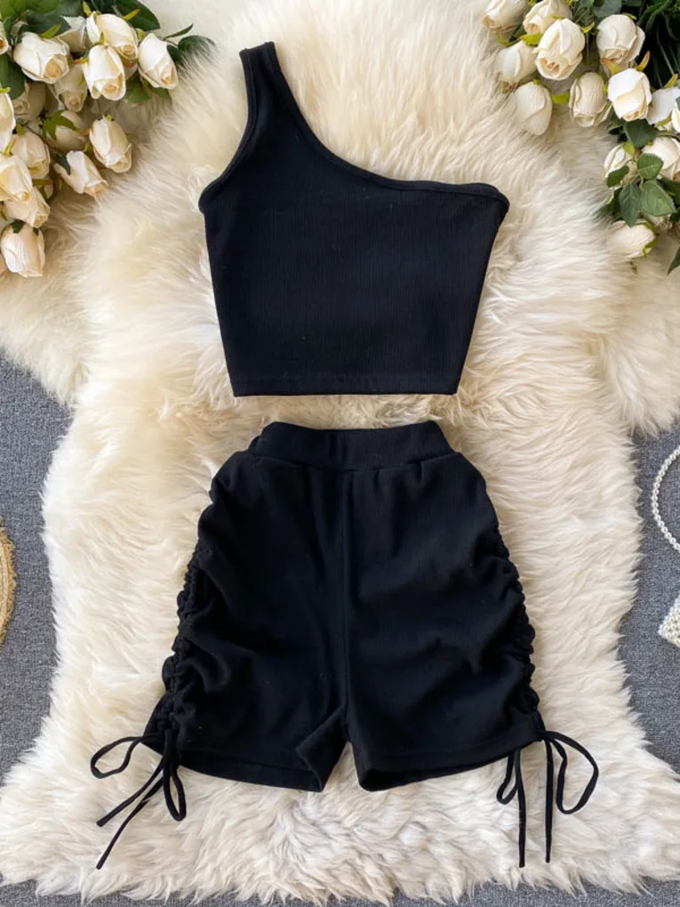 Foamlina Casual Women 2 Piece Set Solid Summer Fashion One Shoulder Sleeveless Crop Top and Drawstring Shorts Workout Tracksuits