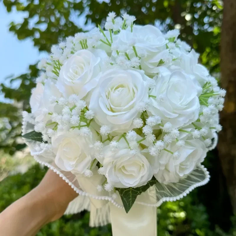 Ramos de boda para novia Babysbreath, ramos de dama de honor con rosas, cinta de seda, decoración del Día de San Valentín, bola de malla de encaje de perlas, regalo