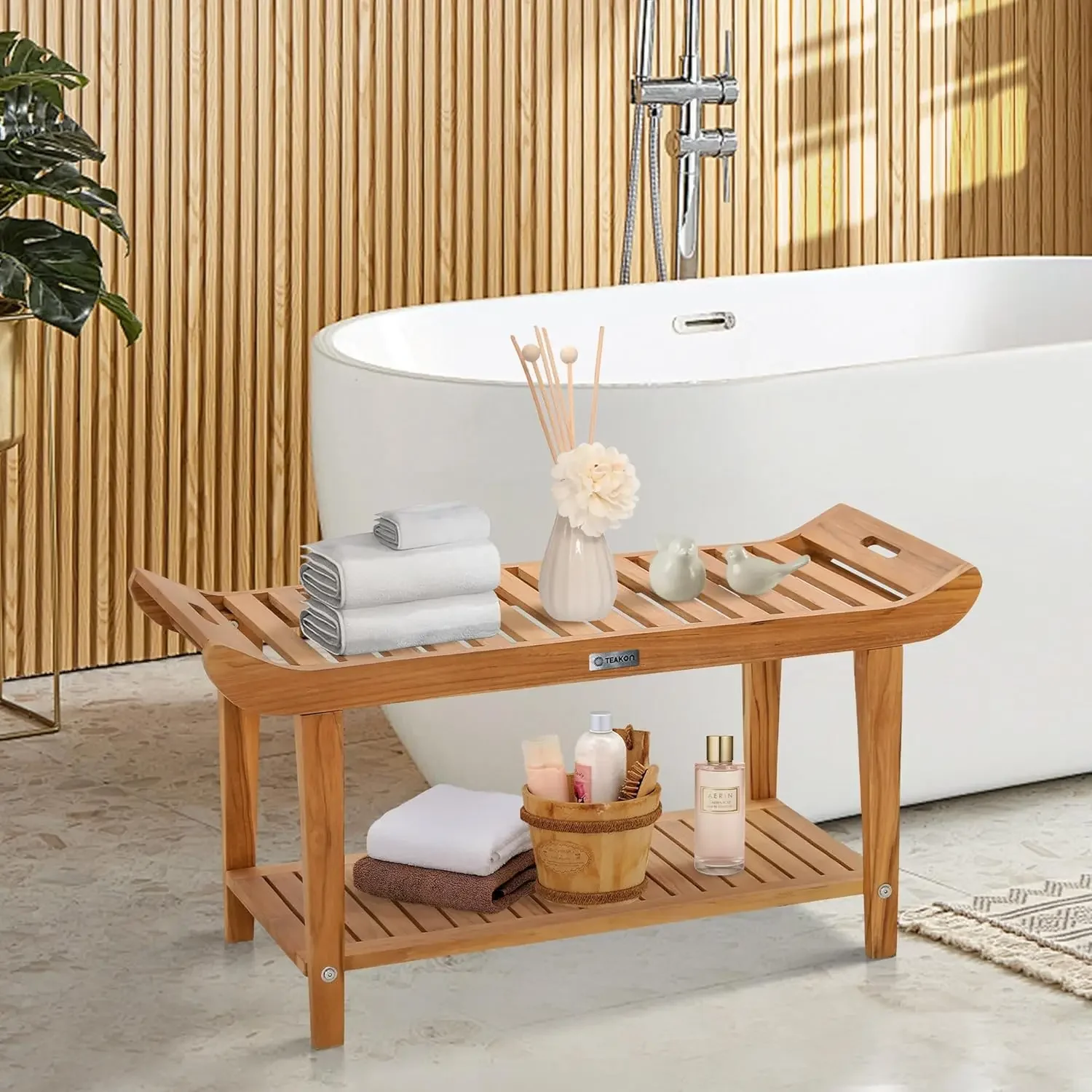 Teak Shower Bench, Bathroom Shower Stool with Storage Shelf Waterproof Wood Bench, Shower Seat