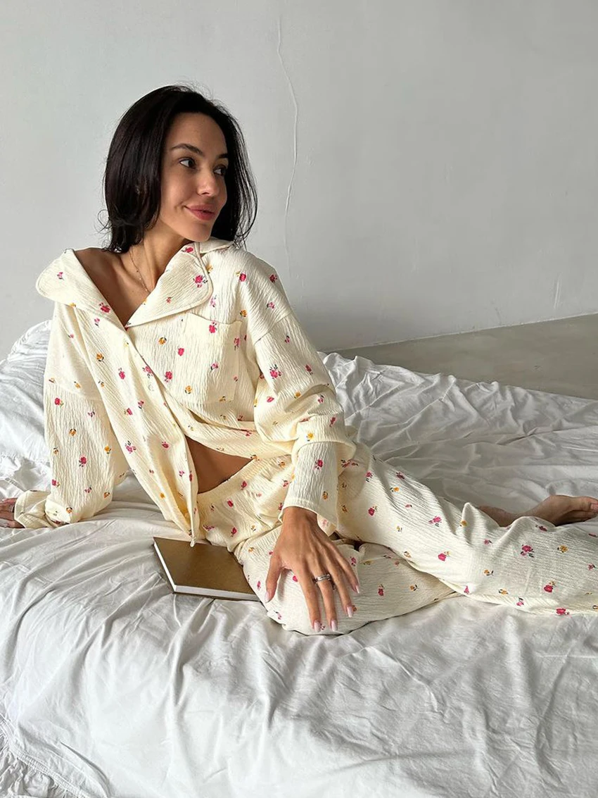 Marthaqiqi Cotton Women\'S Pajamas Set Long Sleeve Nightwear Turn-Down Collar Nightgowns Pants Loose Printing Home Clothes Femme