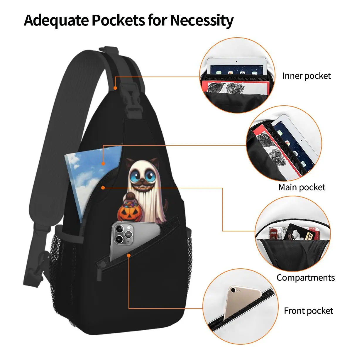 Siamese Cat Scary Halloween Ghost Spooky Pumpkin Candy Chest Bag Men Sling Crossbody Backpack Chest Bag Daypack Shoulder Bag