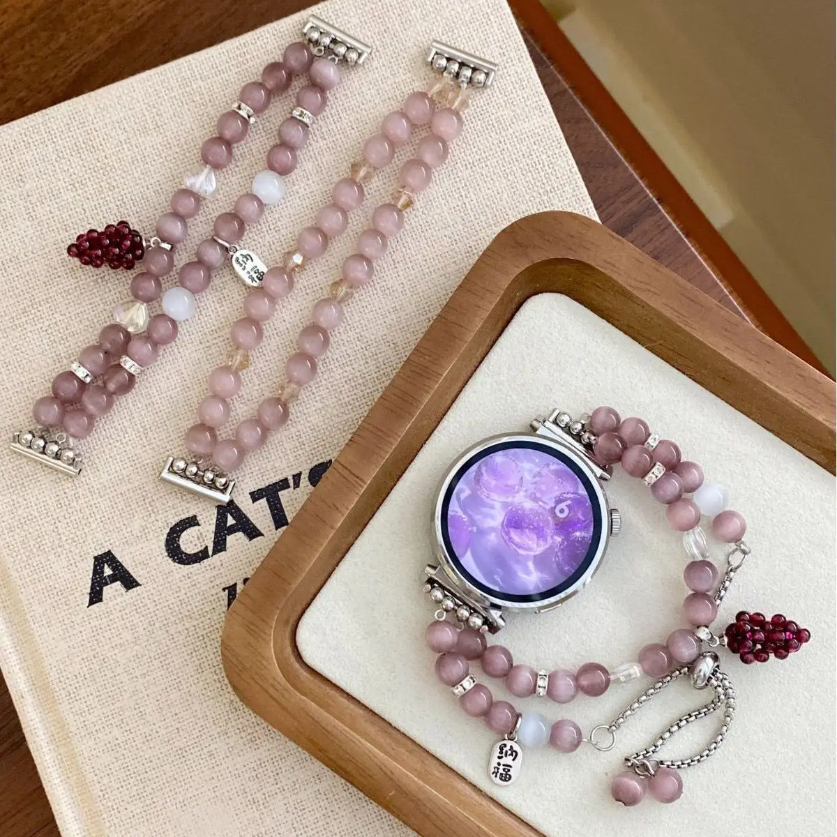 Purple Jade Beaded Strap for Mi Band 10 9 8 8Pro 9Pro Garnet Grape Wristband Bracelet for Redmi Watch 4 5 6 Replacement Women 22 view 2