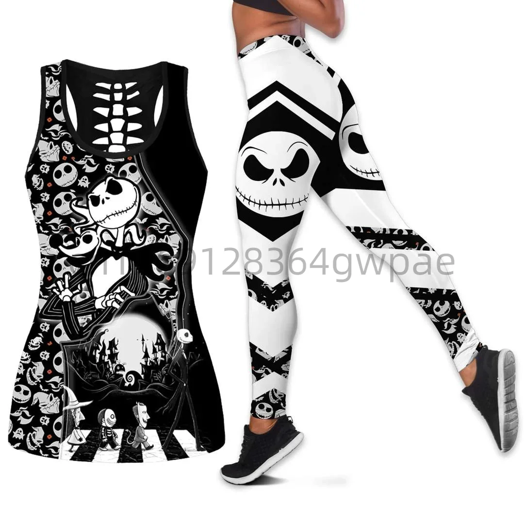 Jack Skellington Women Cutout Tank Top Leggings Yoga Set Summer Fitness Leggings Tracksuit Disney Hollow Tank Top Leggings Set