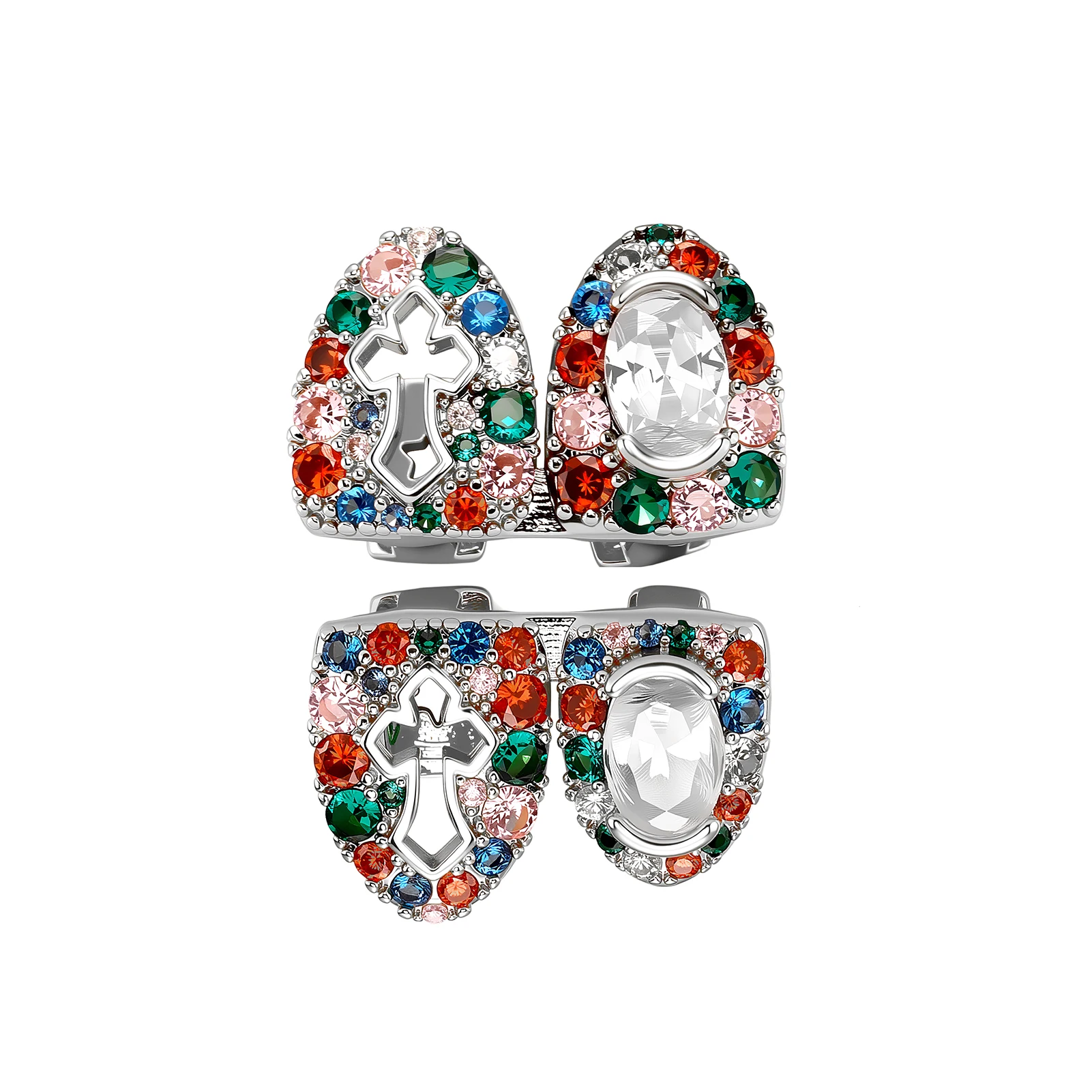JINAO Hip-Hop Upside-Down Doppelzähne Iced Rainbow Hollow Holy Cross CZ Grillz Ober- und Unterkiefer Glänzendes Grill-SET Punk Rapper Weihnachtsgeschenk – Detail 4