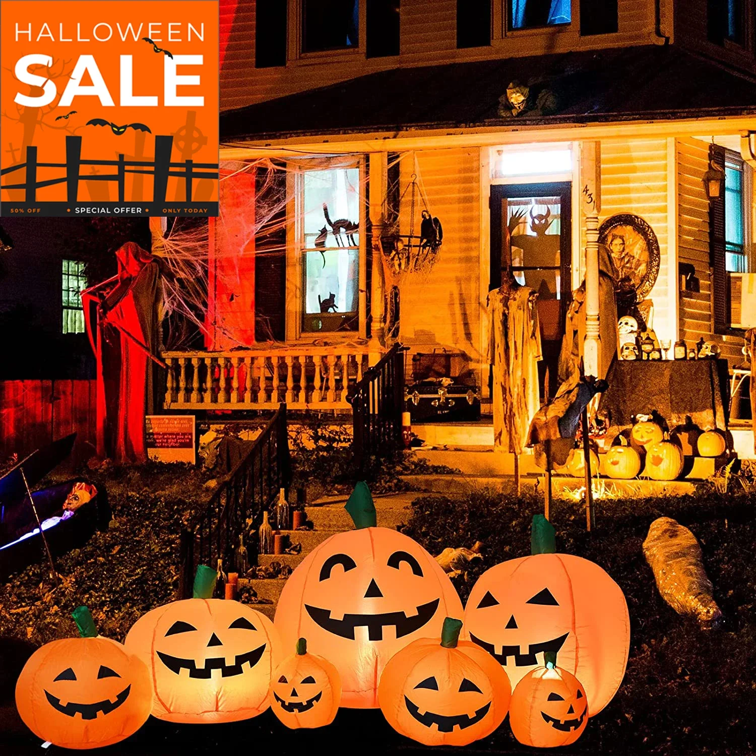 8FT Halloween Decoration Inflatables Pumpkin Decorations Outdoor 7 Sets Combo Built-in LED Lights for Holiday Party Yard Garden