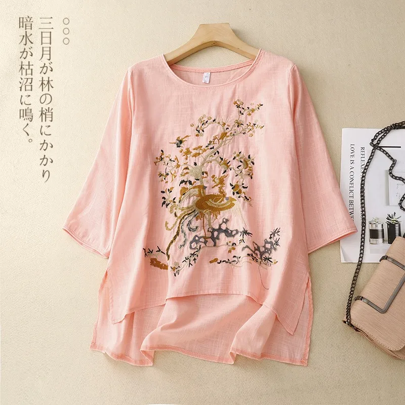 Chinese Style Embroidery Women\'s T-shirts Summer Cotton Linen Tees Loose Vintage Women Tops O-neck Clothing 2024 Korean