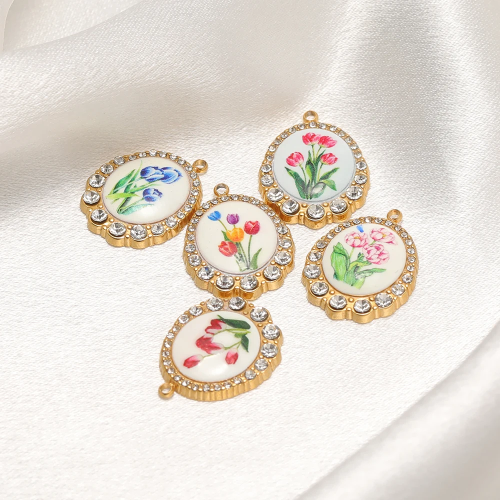 3 Stück Edelstahl-Emaille-Blumenanhänger, ovale Halskettenanhänger für DIY-Schmuckherstellung für Mädchen, Armbänder, Ohrringe, Bastelzubehör – Detail 4