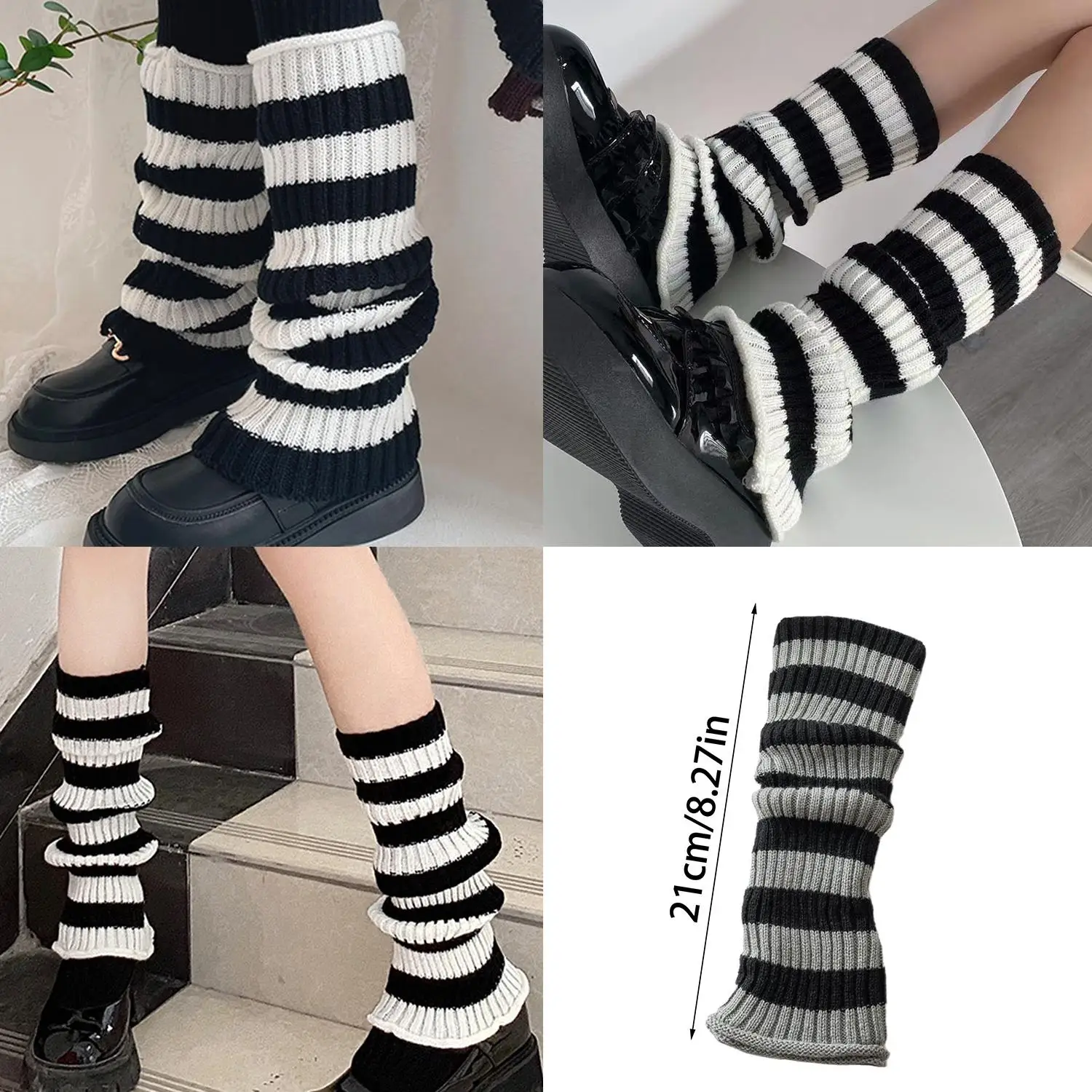 1 Pair Autumn Winter JK Spice Girls College Foot Cover Warm Pile Socks Boot Cover Black White Striped Knitted Leg Warmers Women