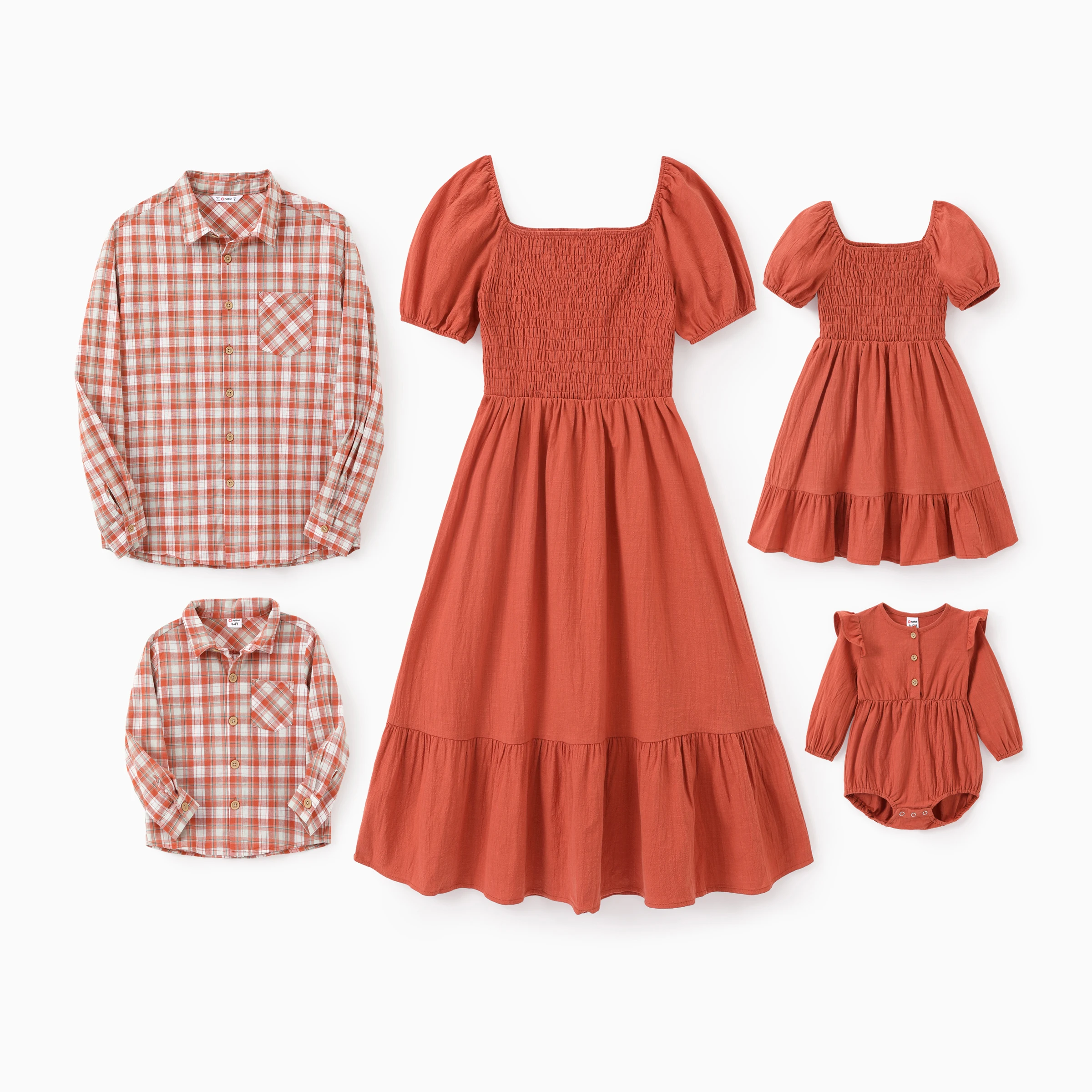 PatPat Family Matching Sets Orange Long Sleeves Plaid Shirt or Shirred Bodice Puff Sleeves Tiered Dress