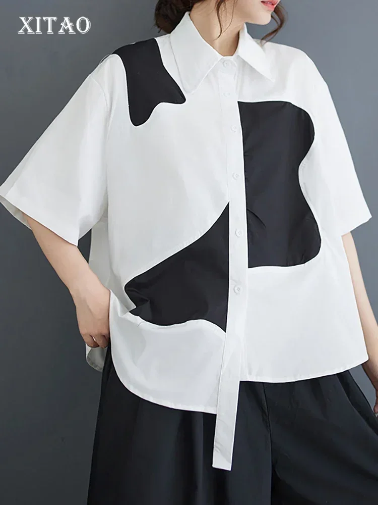 

XITAO Asymmetrical Contrast Color Women Shirt Turn-down Collar Single Breasted Short Sleeve All Match Tops 2025 Summer ZY8798