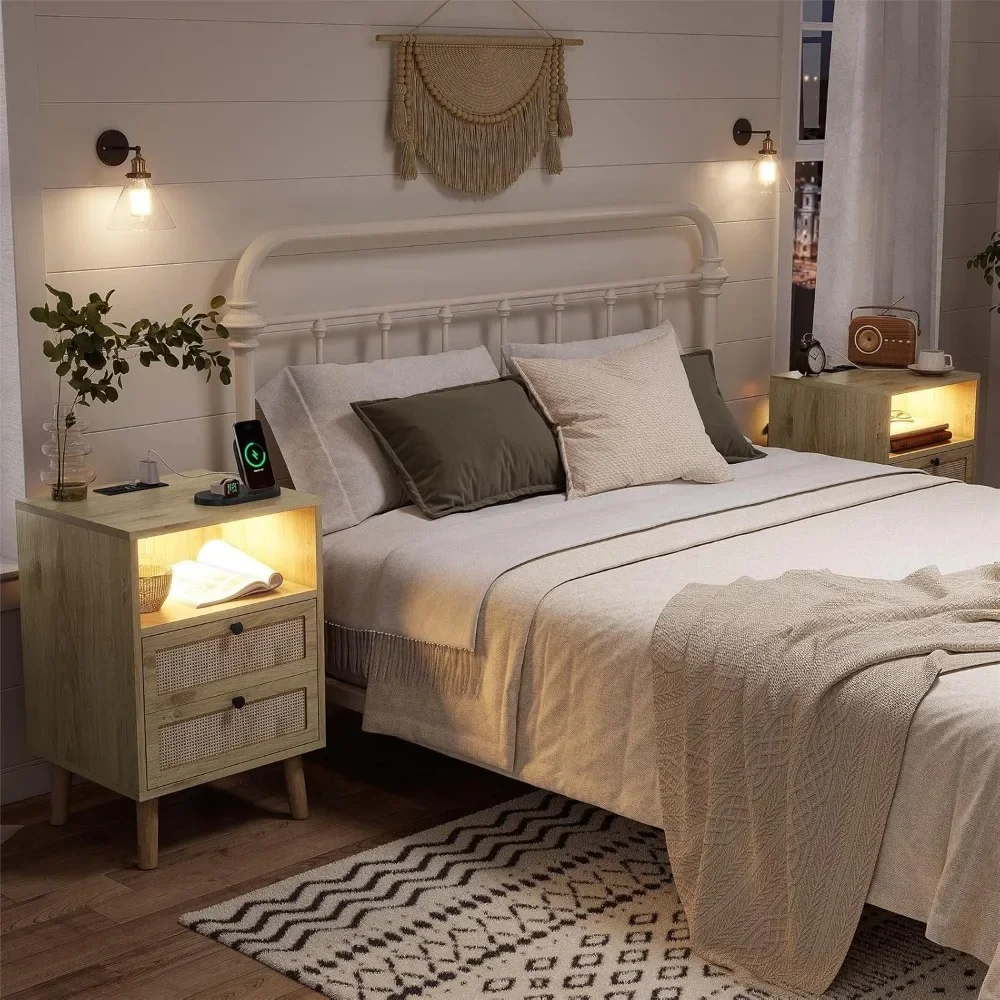 

Rattan Nightstands Set of 2, with Charging Station and LED Lights, Bed Side Tables with 2 Drawers and Open Storage, End Tables