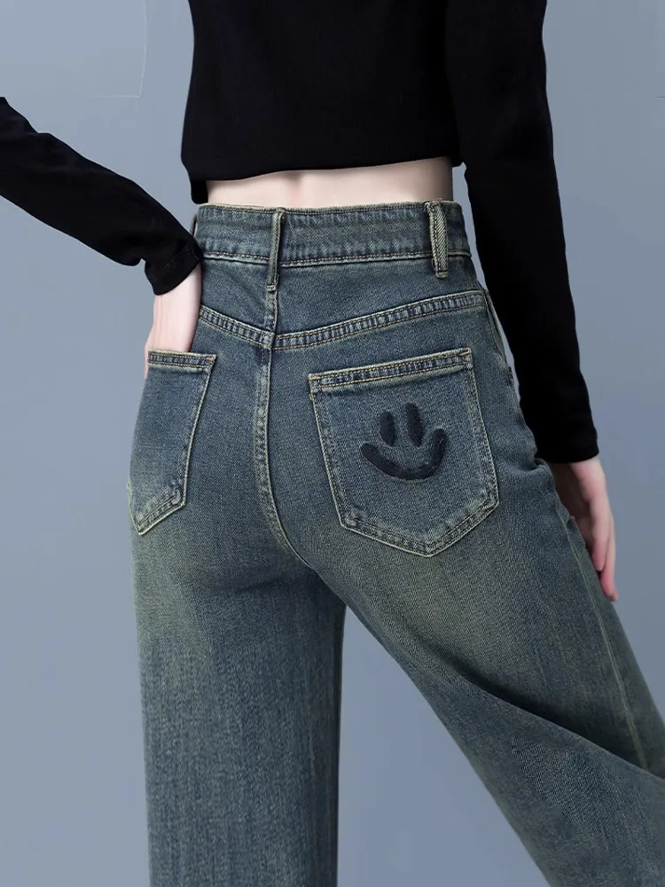 

Retro High Waist Wide Leg Straight Cut Denim Jeans Women's Loose Fit Autumn 2025 New Style Blue Jeans Casual Comfortable