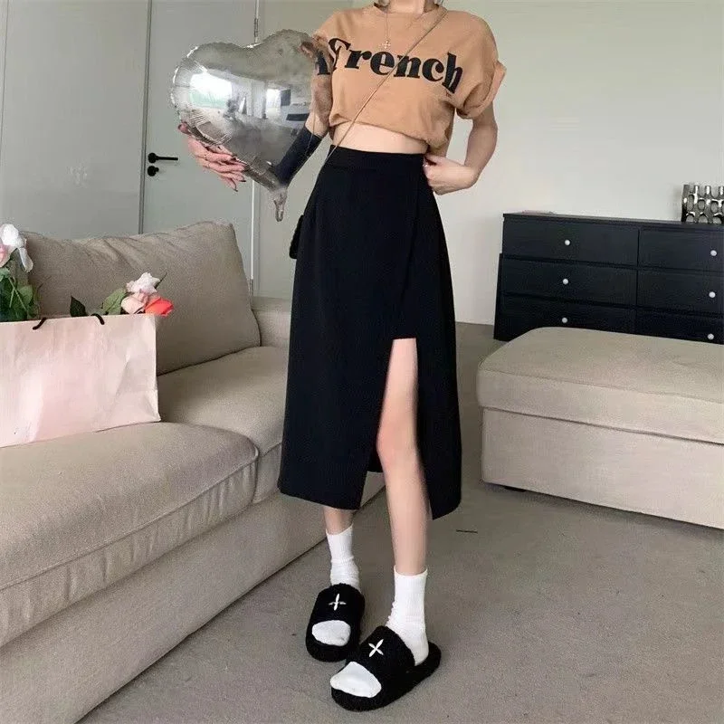 롱 스커트 여성 캐주얼 사이드 슬릿 디자인 봄 여름 레이디 팔다스 빈티지 패션 심플 S-3XL 엘라스틱 웨이스트 엘레강트 솔리드 인스