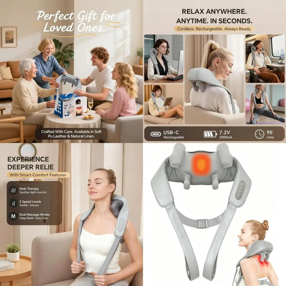 

Heat-Enabled 6D Shiatsu Massager for Neck & Shoulders - Cordless, Deep Relief, Ideal Gift for Women