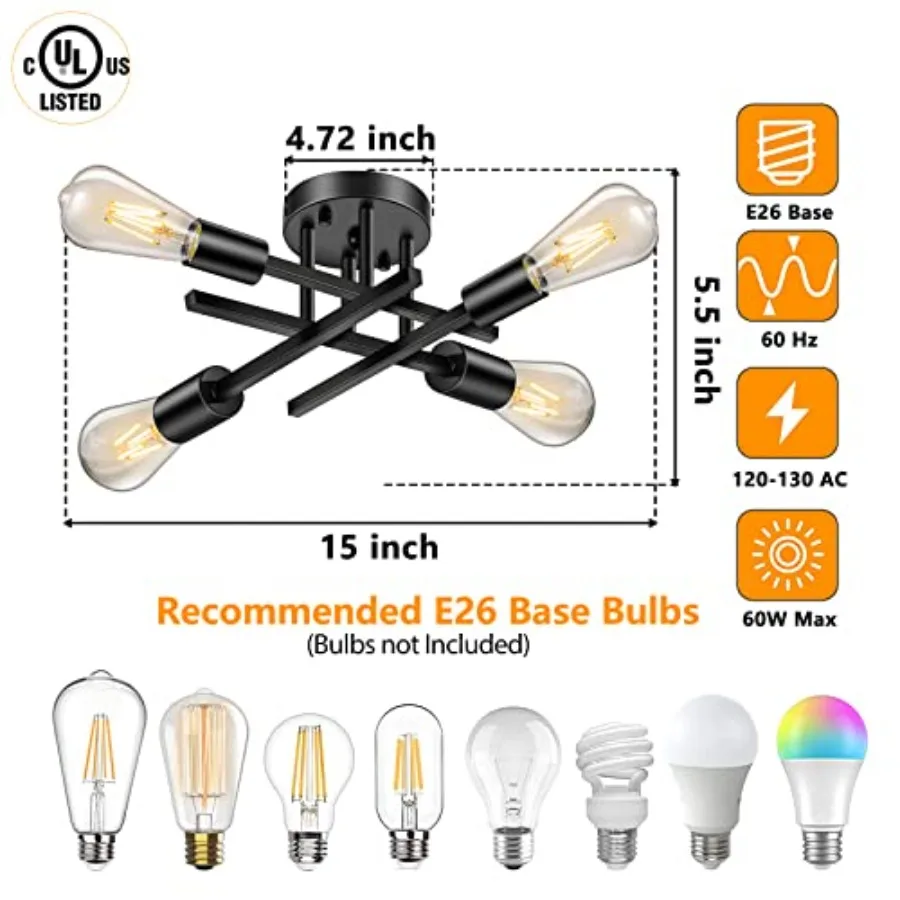 Industrial 4-Light Semi Flush Mount Ceiling Light Fixture Modern Black Close to Ceiling Light Farmhouse Chandelier Ceiling Lamp