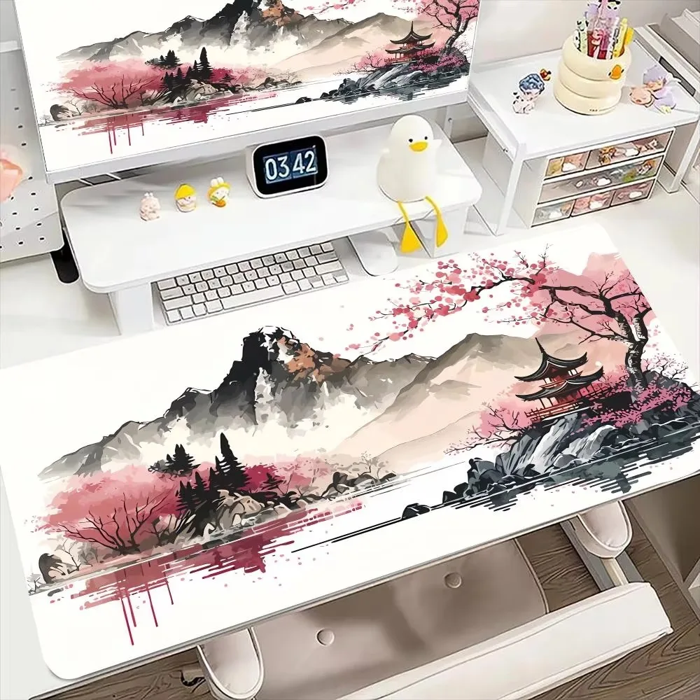 Chinese Ancient Pavilion Moon Landscape Large Gaming Desk Mat Non Slip Rubber Mousepad For PC Keyboard Table Decor