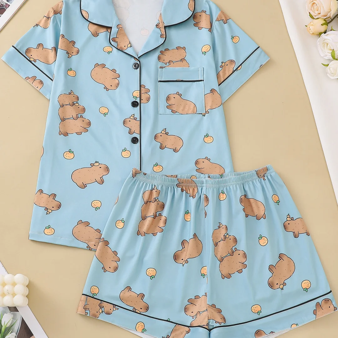 

Capybara Themed Pajama Blue with Animal Print Lapel Short Sleeve Shorts Loungewear Home Wear Set Clothes Gifts for Women