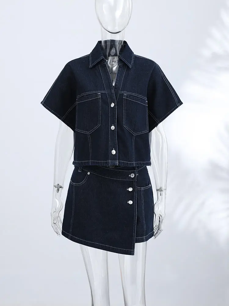 Denim-Kurzarm-Crop-Top und Skort-Set für Damen, Sexy V-Ausschnitt, Einreihige Oberteile, Hochgeschnittene Culottes, Schicke Damen-Partykleidung, Neu – Detail 6