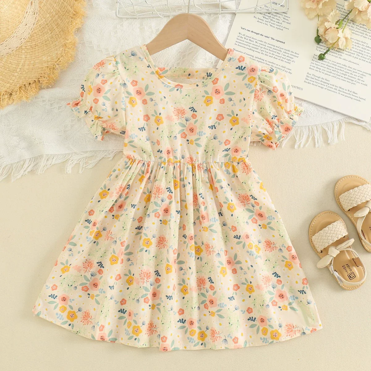 Summer Girls' Puff-Sleeved Backless Dress, Floral Dress, Children's Stylish Short-Sleeved Princess Dress, Baby Dress