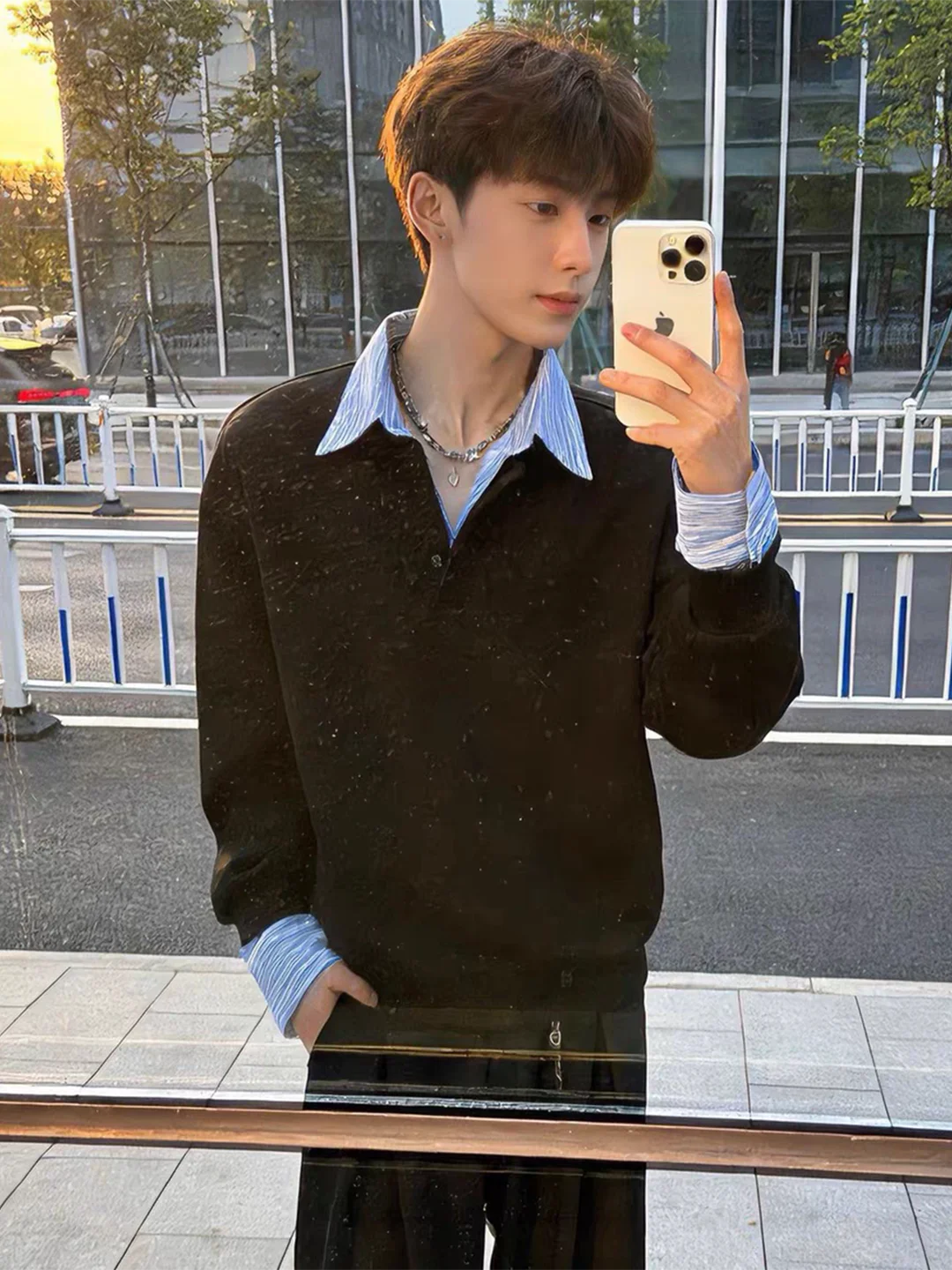 

Bla irt Collar Patchwork Long Sve Sweatirt Spring Plaid Inner irt American Sle Casual Haome Base Layer S...