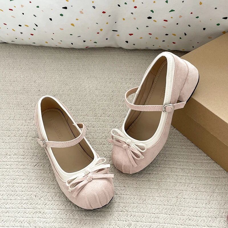 Mary Jane Shoes Women's Round Bow One Strap Inside Heightening Versatile Block Heel Shoes