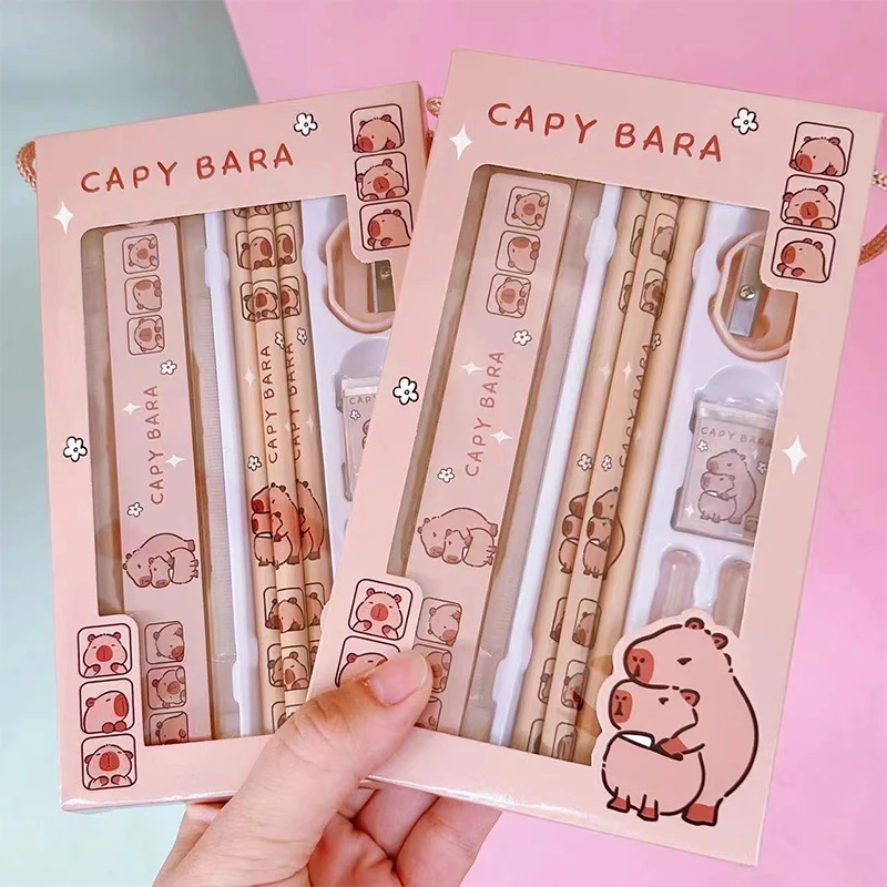 8 In 1 Capybara Cartoon Animals Pencil Ruler Eraser Sharpener Stationery Set Student School Office Writing Supplies Kids Gift