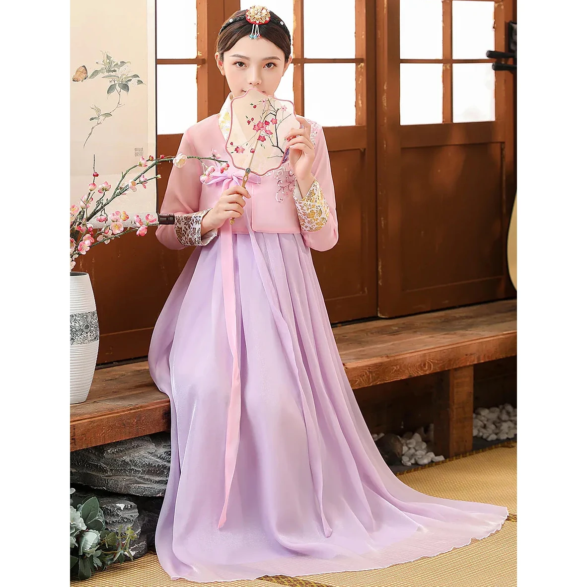 Hanbok Korean Traditional Dress Embroidery Print Pink Purple  Hanbok Dress Modern 2023 Korean Style Costume Retro Dance Clothing