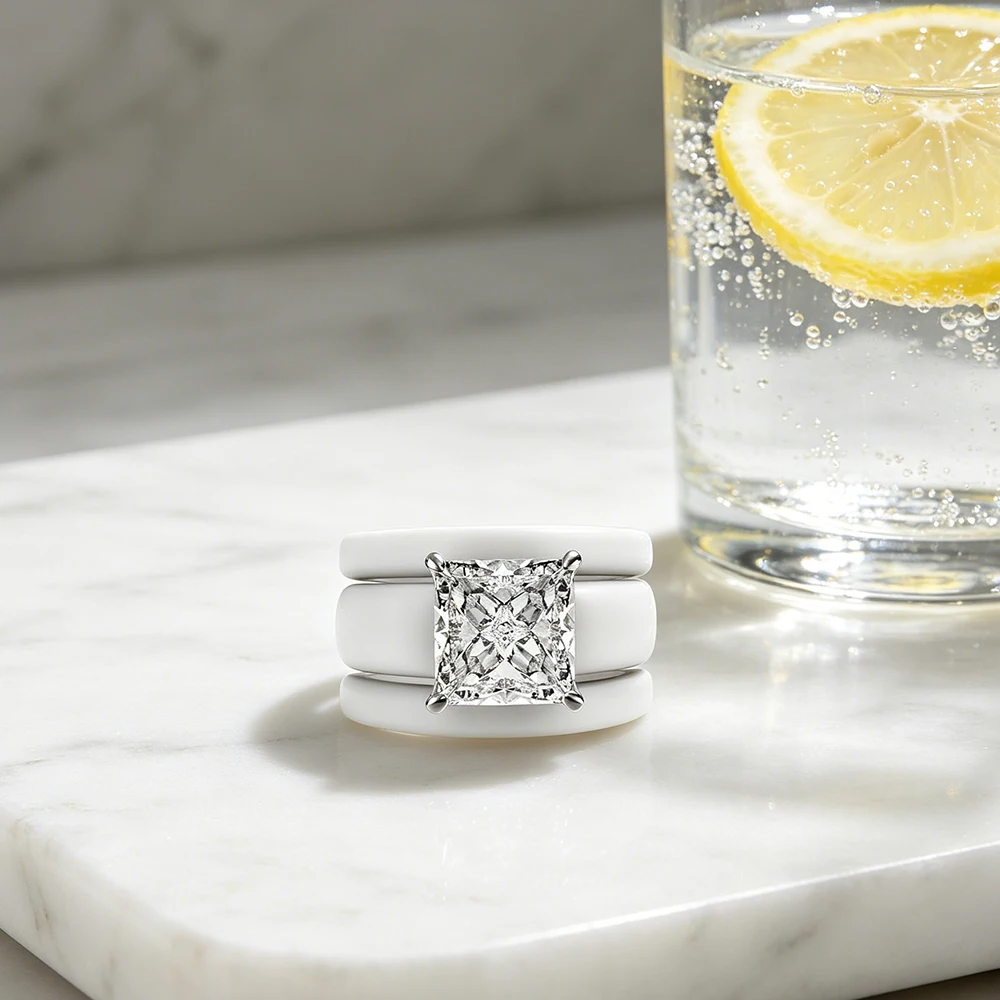 Princess Cut Cubic Zirconia Ring with 3-Layer White Ceramic Band, Modern Chunky Silver Plated Statement Ring, Bridal Promise Jew