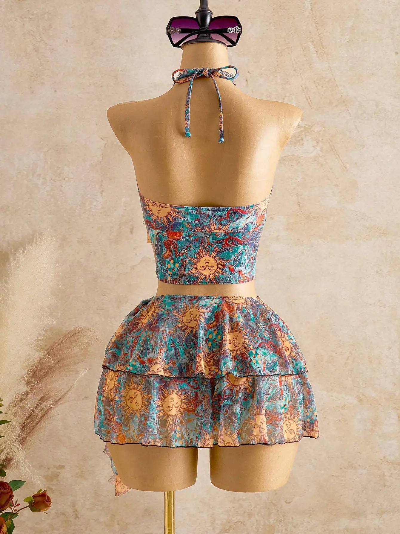 

Vibrant Sun Motif Halter Top And Tiered Mesh Skirt Two Piece Beachwear Set For Summer Vacation