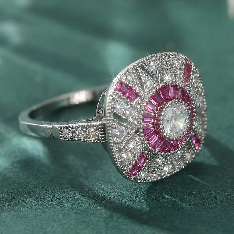 Luxuriöser Eingelegter Weiß-Rosa CZ Damenring Funkelnder Silberfarbener Geometrischer Alltags- und Partyschmuck Jubiläumsgeschenk – Detail 3
