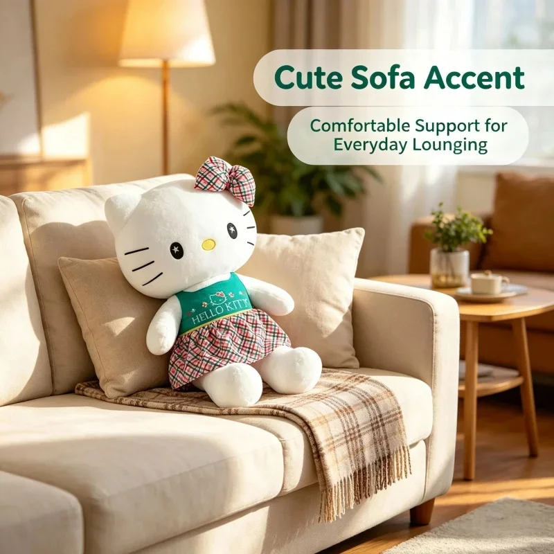 Vintage Plaid Style Hello Kitty Plush Toy Soft Stuffed Doll Cute Sofa Bedroom Pillow Y2K Sofa Cushion For Girls