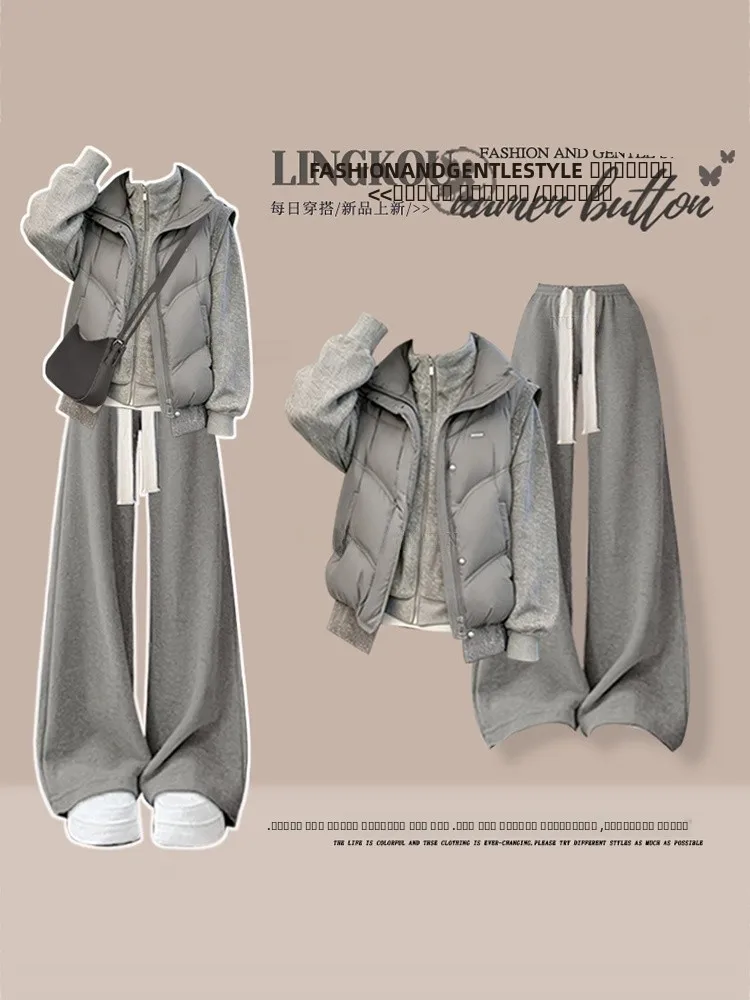 

Women's Winter Casual Sports Set Three Pieces Korean Style High Collar Cotton Vest Wide Leg Pants Sweatshirt Fashion Ensemble