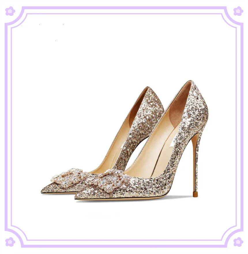 Luxury Crystal Sexy Buckle Women\'s High Heels Fashion Flash Pumps Party Pointed Wedding Shoes