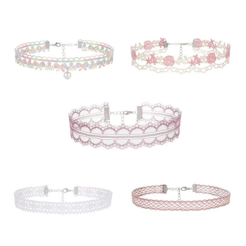 Conjunto de 5 piezas de gargantilla de encaje rosa dulce para mujer con flor, perla, colgante, accesorios de joyería para clavícula, regalo para niñas