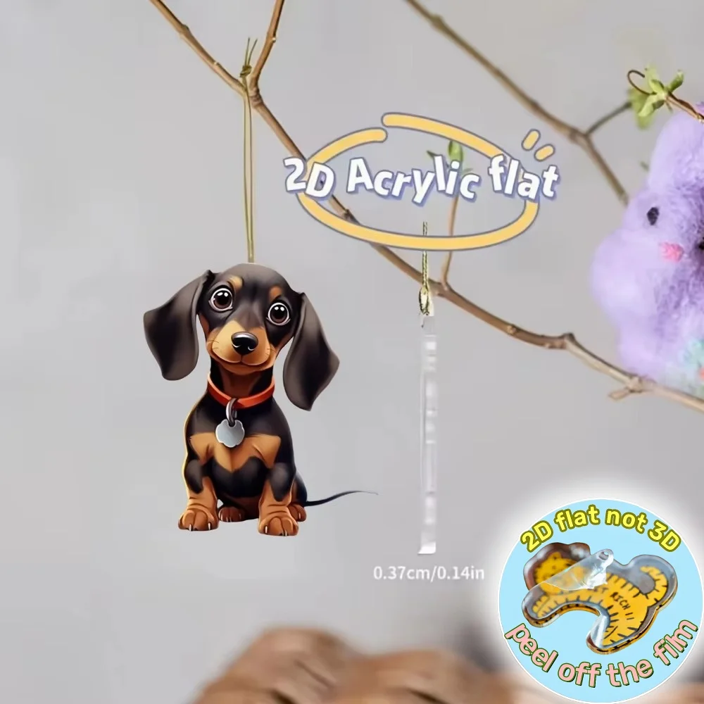 2D Cartoon Dachshund Pendant Charm Cute Dog Keychain Flat Acrylic Puppy Ornament  for Car Mirrors Bags Home Festive Gifts Decor