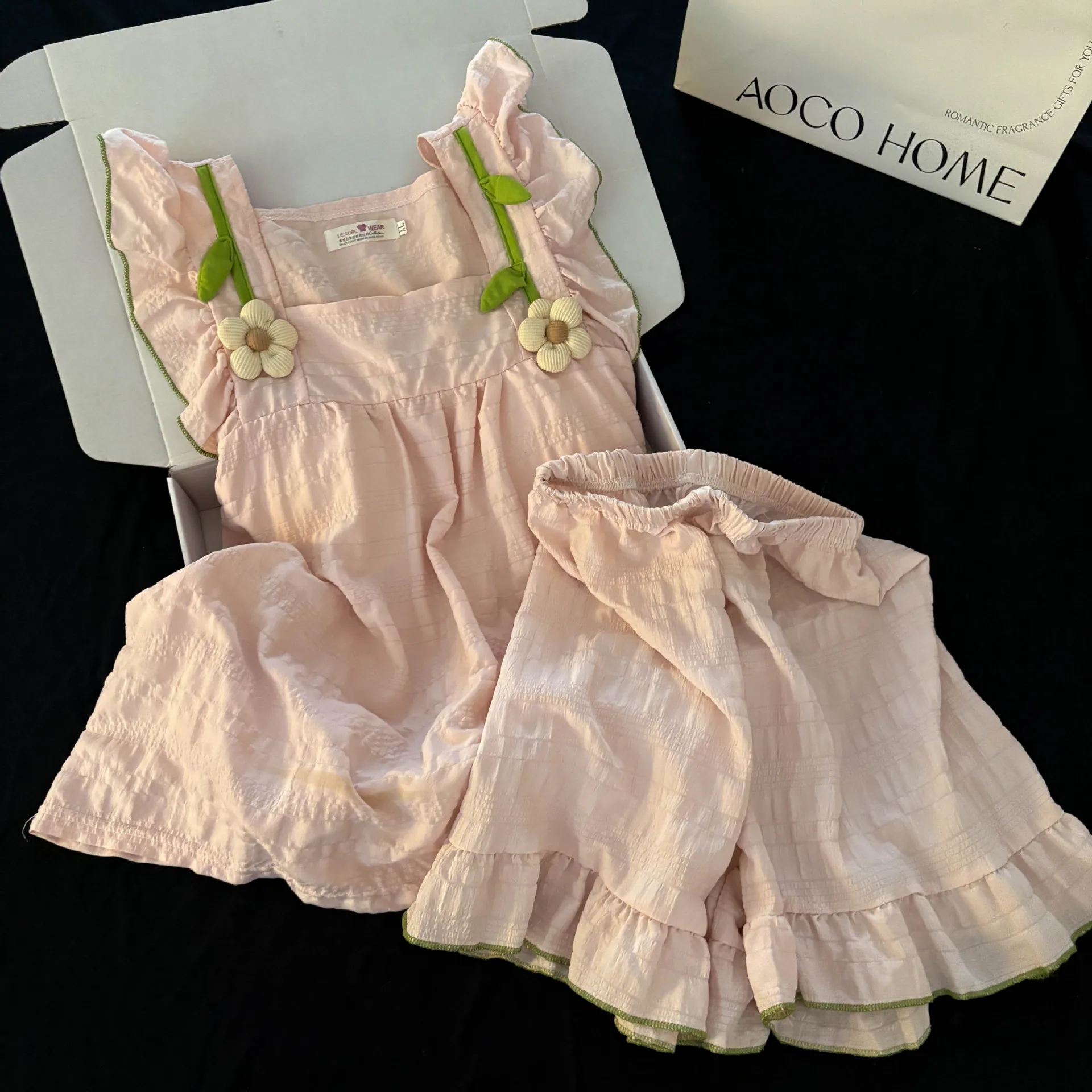 Einfarbiger Damen-Freizeit-Sommer-Pyjama 2-teilig/Set mit 3D-Blumendekoration Süße Damen-Schlafanzüge Niedliche Mädchen-Loungewear
