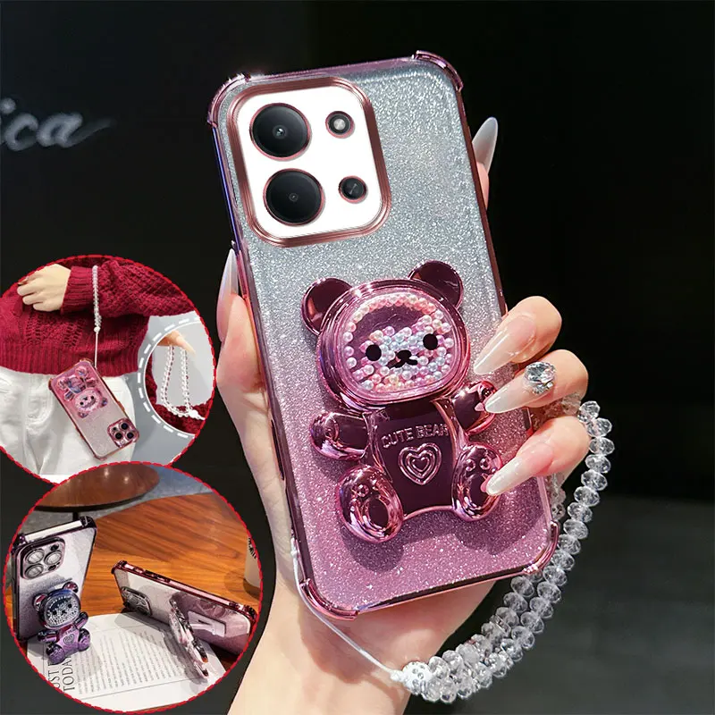 4-Ecken-Stoßfeste Handyhülle mit niedlichem 3D-Bärenständer, Kristallketten-Lanyard und Glitzer für Xiaomi Redmi 15C Poco C85 Rückseite