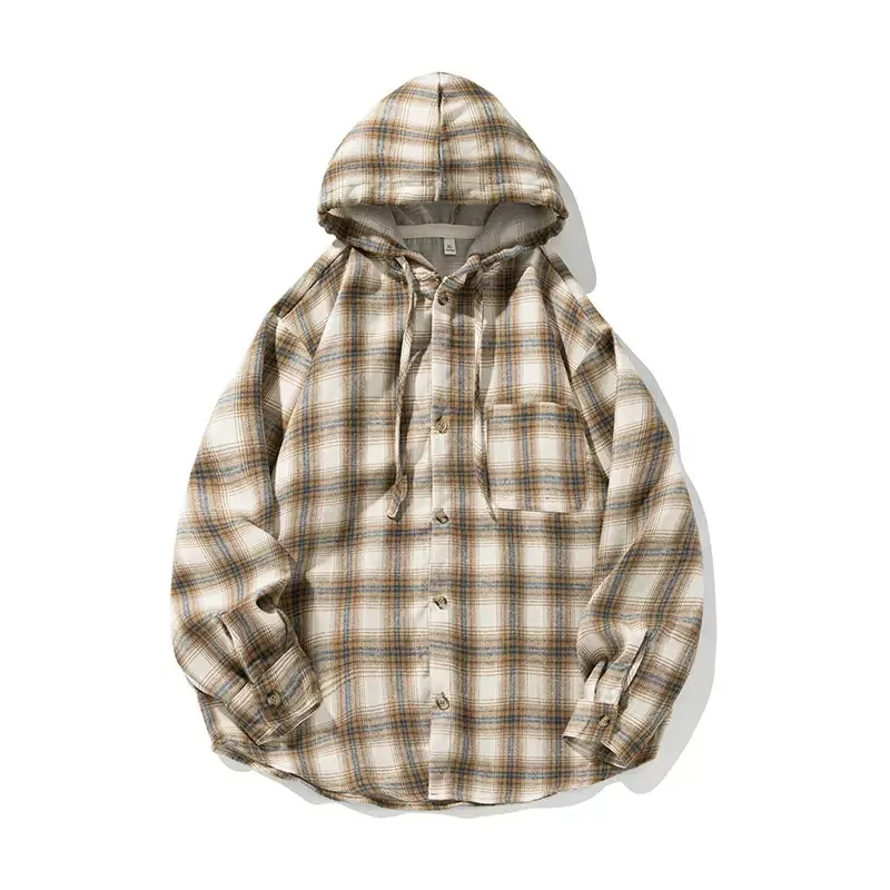 Autumn and Spring New Fashion Trend American Vintage Plaid Hooded Shirt Men's Casual Loose Sports High Quality Long Sleeve Shirt