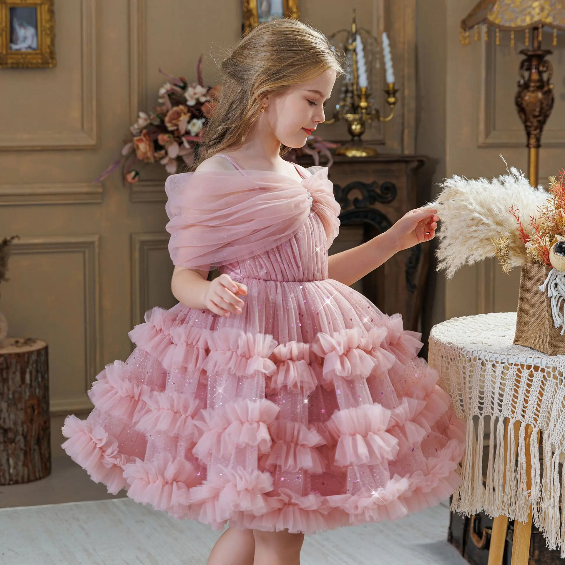 3-8 years shoulder cake girls birthday dress dinner festival piano host flower wedding princess dress