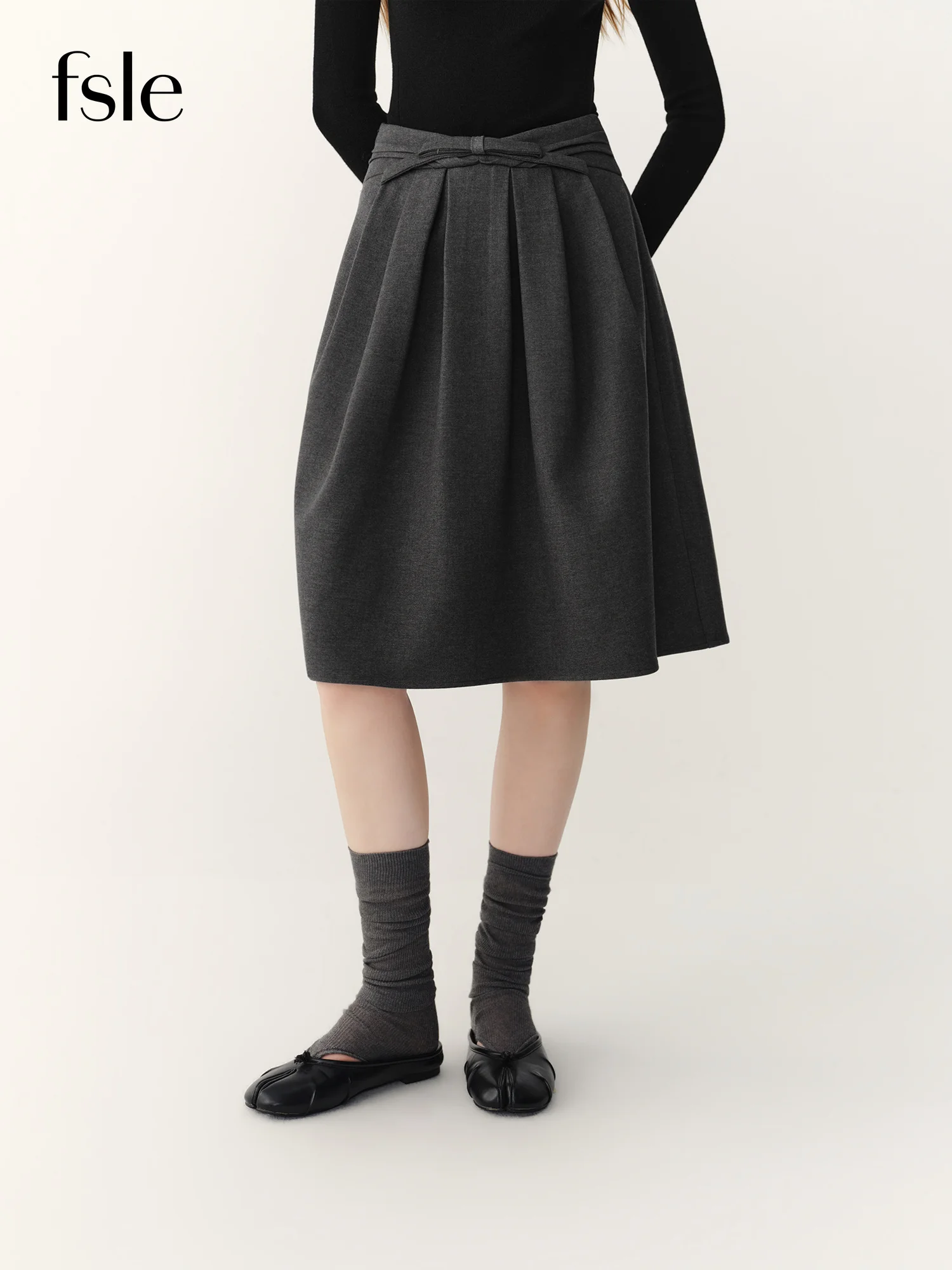 FSLE Autumn Winter Women French Style Bowknot Bubble Hem Peplum Midi Skirt High Waist A-Line Half Skirt Elegant Casual Outfits